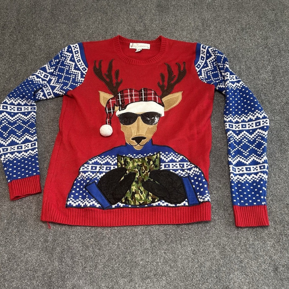 Jolly Sweaters Christmas Deer Drink Holder Camo Pocket Red Adult Medium‎